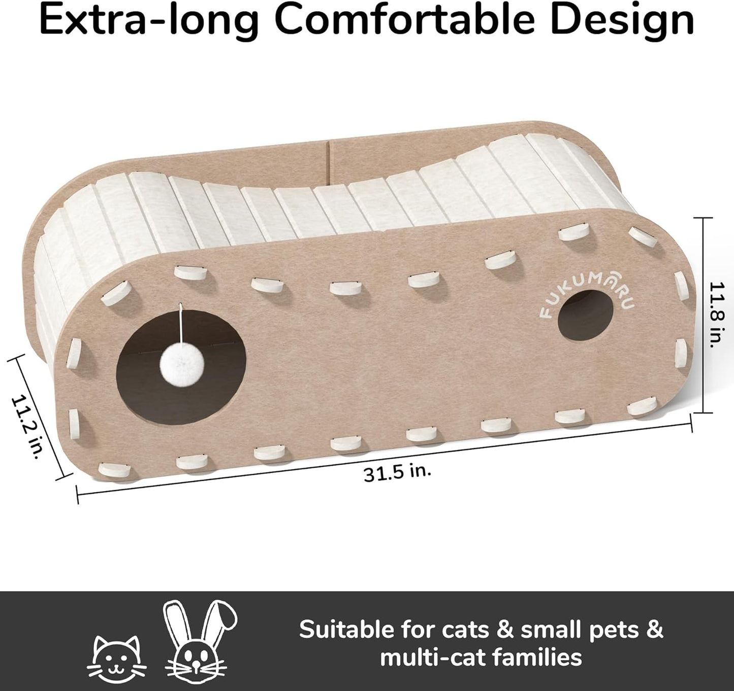 FUKUMARU Cat Beds for Indoor Pets, 31.5 Inches Extra-Large Cat Cave for Multi-Pet, Cozy House with Fluffy Ball Hanging, Scratch Resistant Felt Kitten Hideaway Bed, Feline Tunnel, Beige
