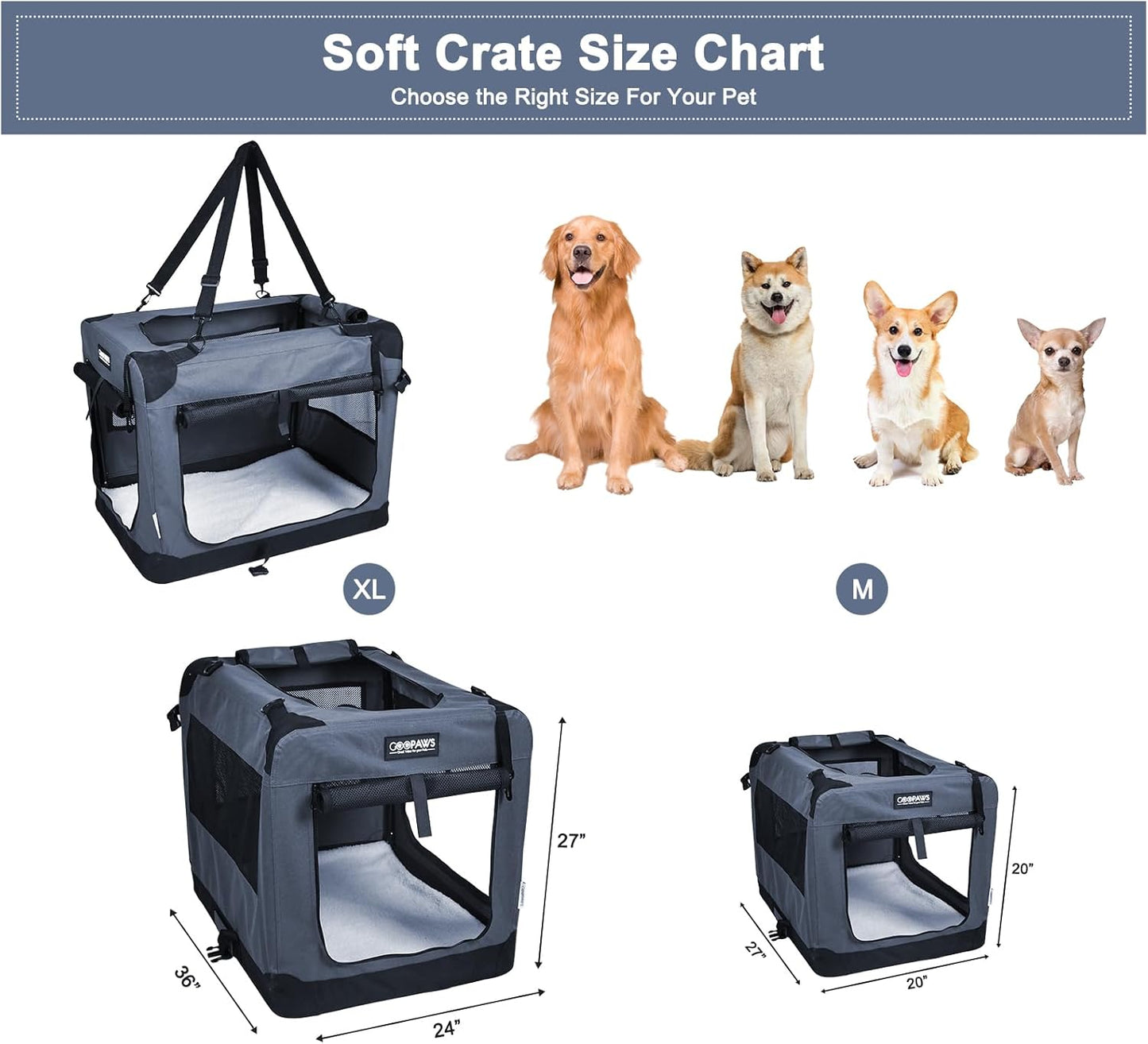 JESPET 27'' Soft Dog Crates Kennel for Pets, 3 Door Soft Sided Folding Travel Pet Carrier with Straps and Fleece Mat for Dogs, Cats, Rabbits, Grey Blue & Beige (27" L x 20" W x 20" H, Grey)