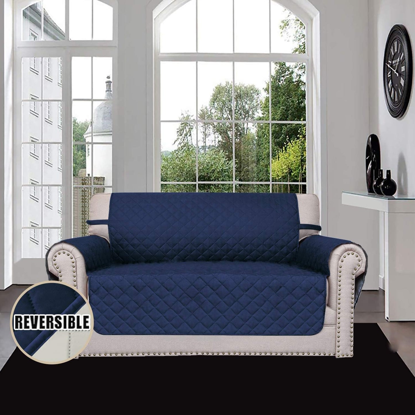 Easy-Going Reversible Loveseat Couch Cover for 2 Cushion Couch Sofa Cover for Dogs Water Resistant Furniture Protector with Foam Sticks Elastic Straps for Pet (Loveseat, Navy/Ivory)