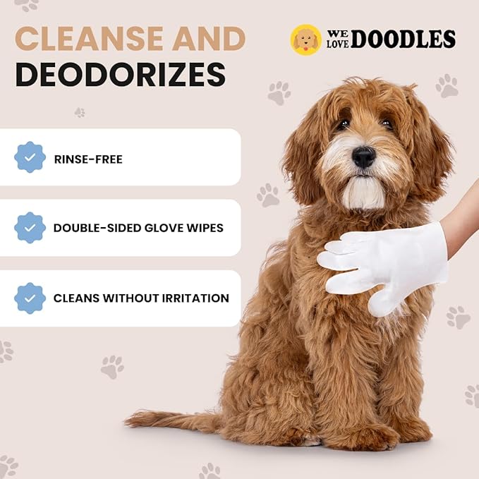 We Love Doodles Dog Cleaning Gloves Wipes - Pet Bathing Wipes for Dogs, Paws, Face, Body, Ears - Safe, Easy & Effective - Individually Packaged, Rinse-Free, Double-Sided, Alcohol-Free 12 PCS