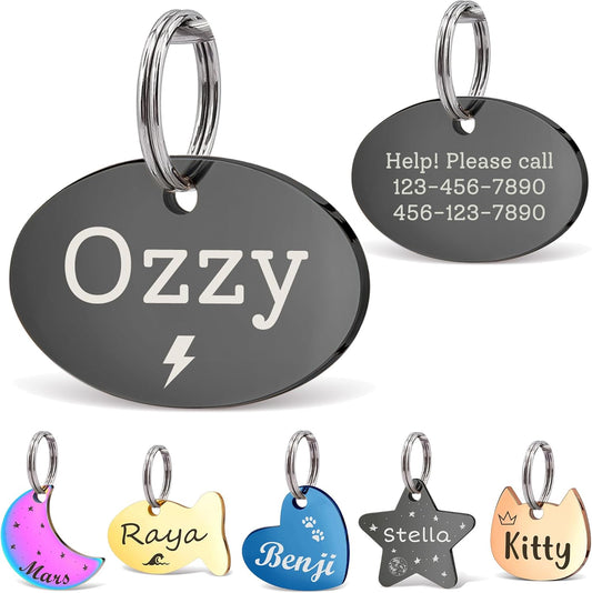 Anavia Small Size Dog Cat ID Tags, Small/XS Personalized Color Plated Stainless Steel Puppy Kitten Name Tags, Customized Engraved Nameplate Pet Collar Tag (Black, Oval)