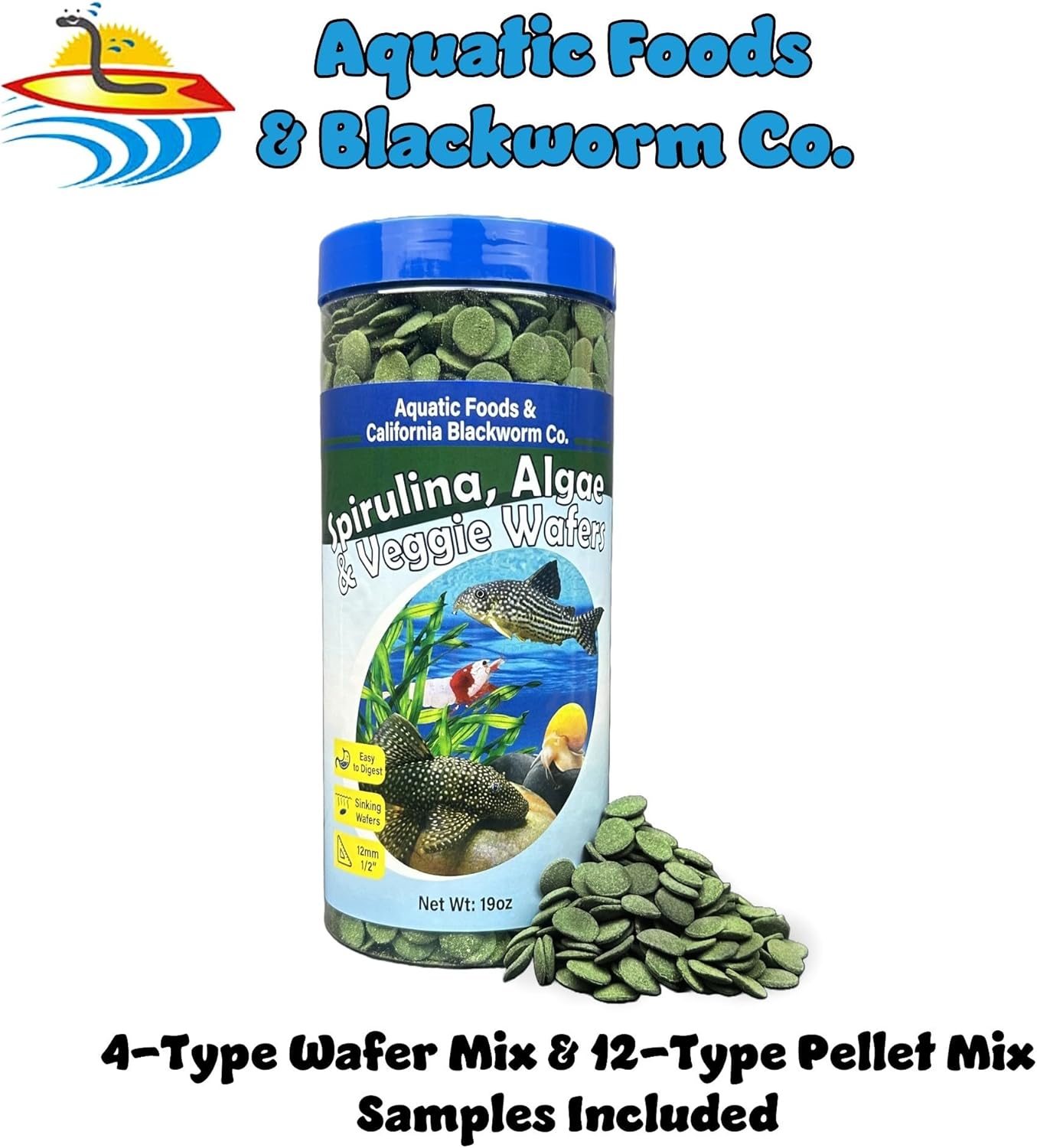 Aquatic Foods Inc. 12mm - 1/2" Small Sinking Wafers of Spirulina, Algae & Veggies for Plecos, Catfish, Shrimp, Snails, Crabs, Crayfish, 12-Type Pellet Mix & 4-Type Wafer Mix Included...19.0oz Canister
