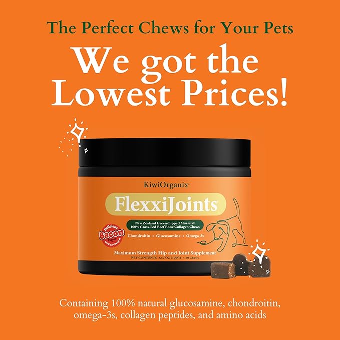 NZorganix FlexxiJoints Hip and Joint Supplement Chews for Dogs, Cats • 100% Grass-Fed Beef Bone Collagen New Zealand Green-Lipped Mussels • 50 Chews