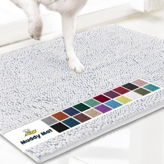 Muddy Mat® Shown on TV – Super Absorbent Microfiber Dog Door Mat for Muddy Paws, Non-Slip Washable Pet Rug, Quick Dry Chenille Entryway Carpet, Machine Washable Indoor Outdoor mat, White 30"x19"