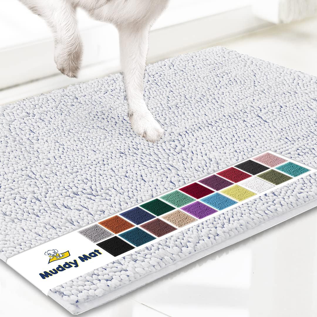 Muddy Mat® Shown on TV – Super Absorbent Microfiber Dog Door Mat for Muddy Paws, Non-Slip Washable Pet Rug, Quick Dry Chenille Entryway Carpet, Machine Washable Indoor Outdoor mat, White 28"x18"