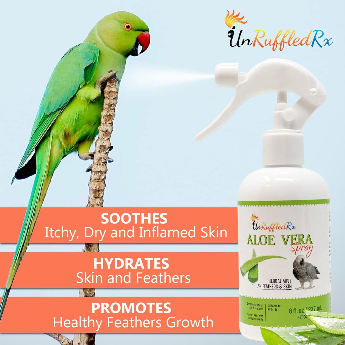 UnRuffledRx™ Aloe Vera Bird Spray for Birds (Pack of 2)- Daily Relief for Itchy, Dry Skin - 8oz in Each Pack Bird Bath Mist - Safe if Ingested, Natural, Odor-Free, Made in USA