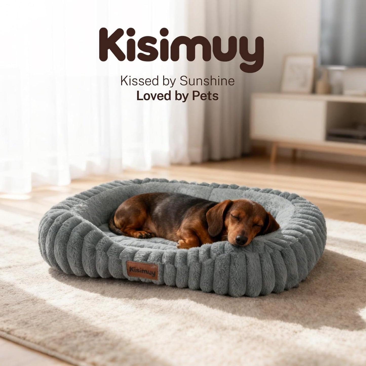 Cute Dog Bed for Large Size Dogs, Orthopedic Durable Calming Dog Bed with Bolster Sides, Washable Furry Sleeping Pet Bed with Handle and Removable Zipper Cover, 35in, Grey