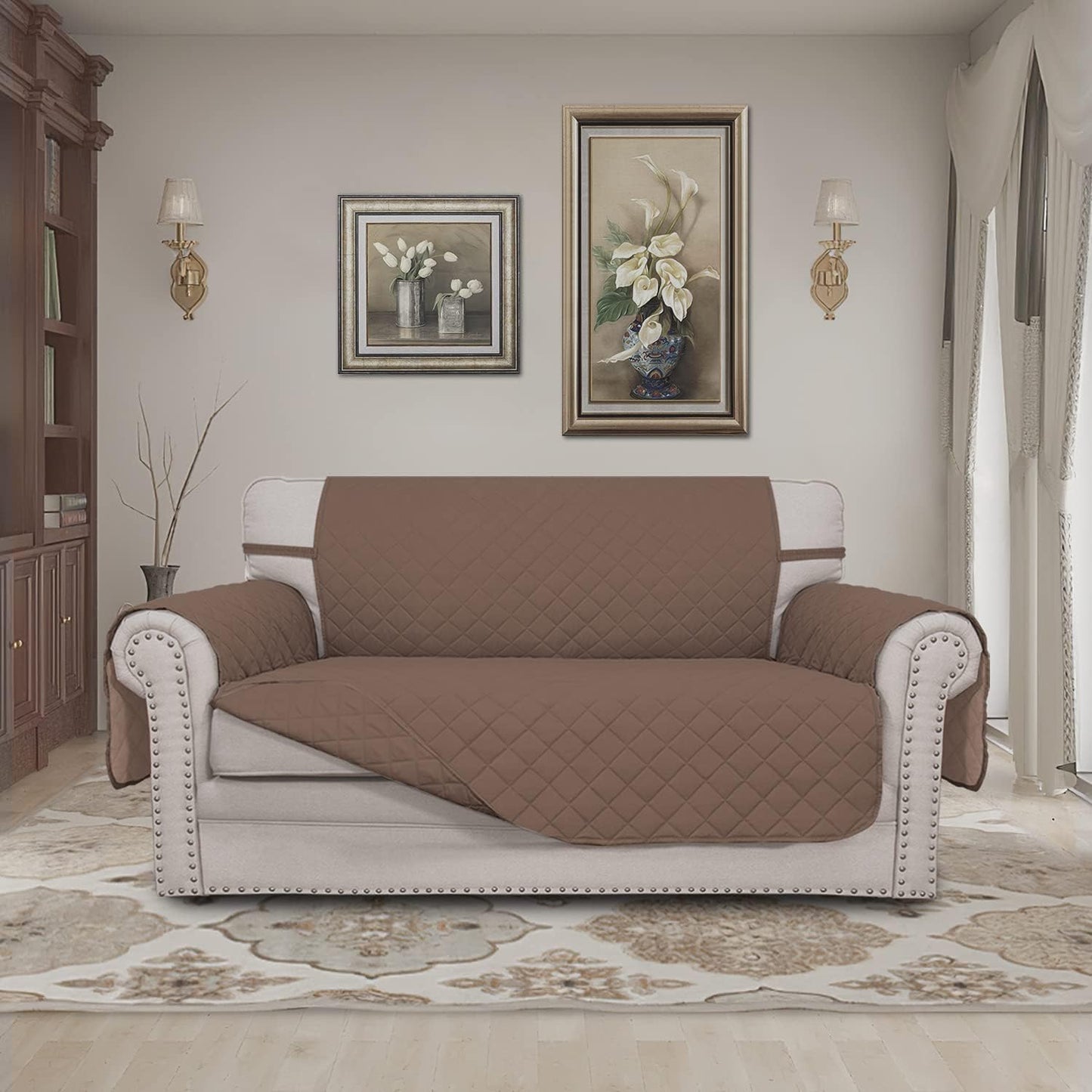 Easy-Going Reversible Loveseat Couch Cover for 2 Cushion Couch Sofa Cover for Dogs Water Resistant Furniture Protector with Foam Sticks Elastic Straps for Pet (Loveseat, Brown/Brown)