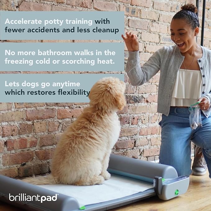 BrilliantPad Indoor Dog Potty for Small Pets, Basic | Automatic Self Cleaning with Odor Control, Puppy Training Alternative to Grass Turf, Mess Free | Includes 1 Disposable Absorbent Pee Pad Roll