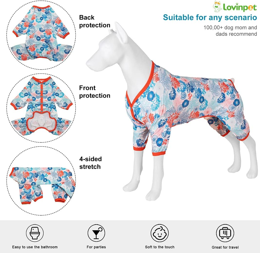 LovinPet Pajamas Outfit, Undershirt for Dog Coats, Lightweight Soft Fabric, Coral Trees and Shells Print, UV Protection Shirt, Easy to Wear Adorable Dog Clothes, Blue, M