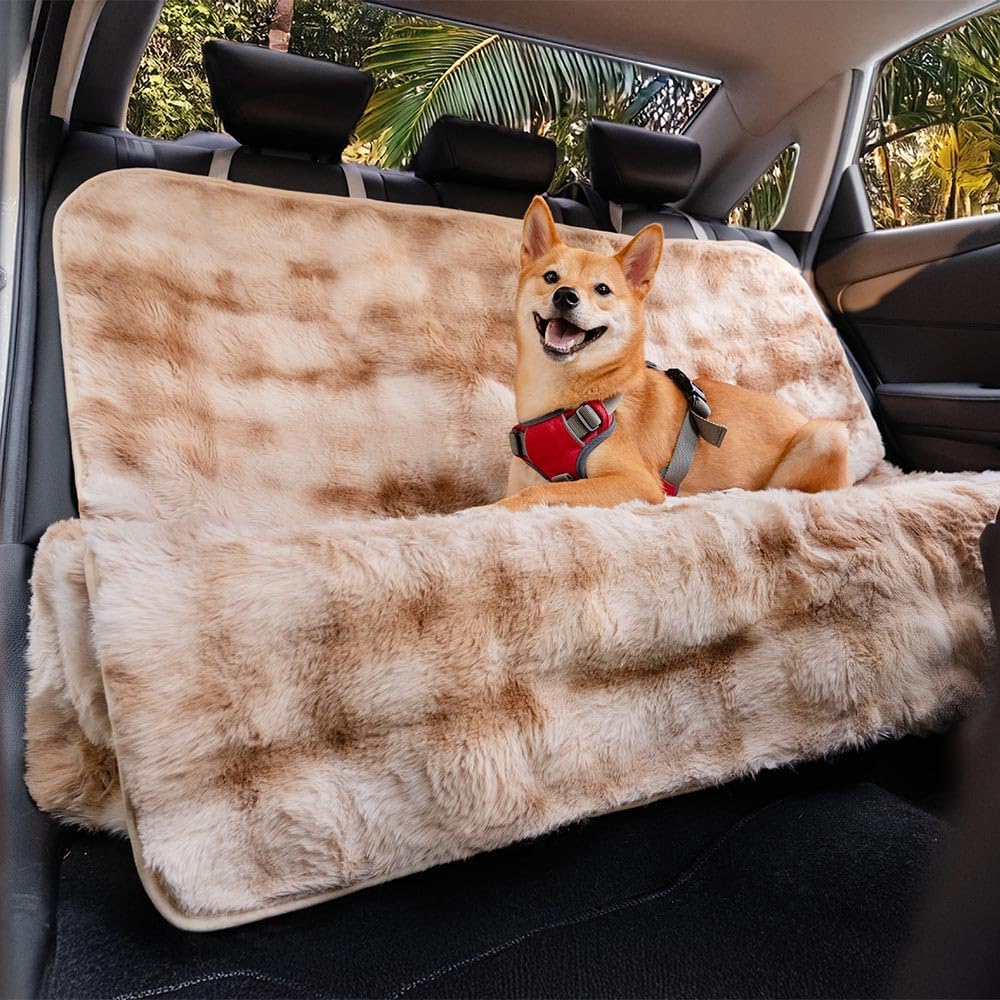 FUNNY FUZZY Fluffy Dog Car Seat Cover for Back Seat (Bench), Water-Resistant with Nonslip Backing,Pet Seat Protector for Cars SUVs Trucks（Brown