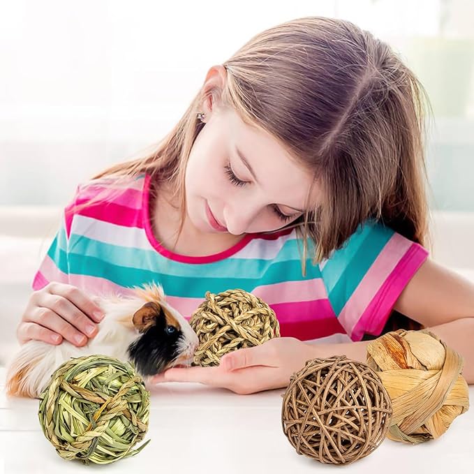 Sofier Rabbit Guinea Pig Bunny Toys 8 Pcs Chew Grass Balls Natural Chews for Rodents Teeth Handmade Enrichment Treats Chinchilla Guinea Pigs Rat Hamster Gerbil Mice