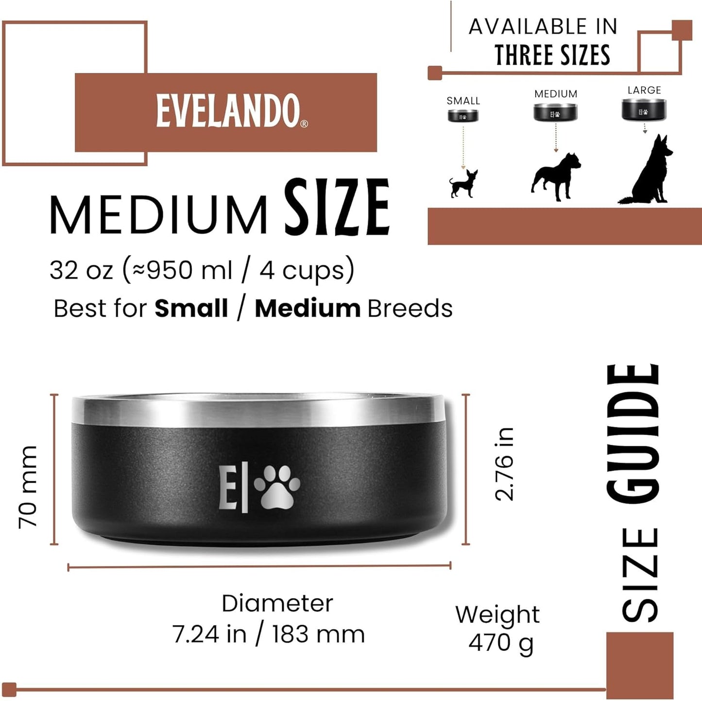 EVELANDO® 32 oz (4 Cups) Premium Stainless Steel Dog Bowl – Triple Insulated to Keep Water Fresh/Cold & Food Warm. Non-Slip Silicone Base, BPA Free Elegant Dish for Small/Medium Dogs & Medium Cats.