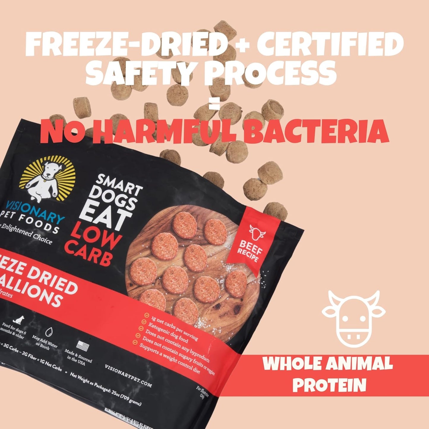 Visionary Pet Foods Beef Freeze Dried Dog Treats - 310x Medallions Keto and Diabetic Friendly - Additive Free, Made in USA Low Carb, High Protein - Healthy Dog Training Treats, Resealable Bag