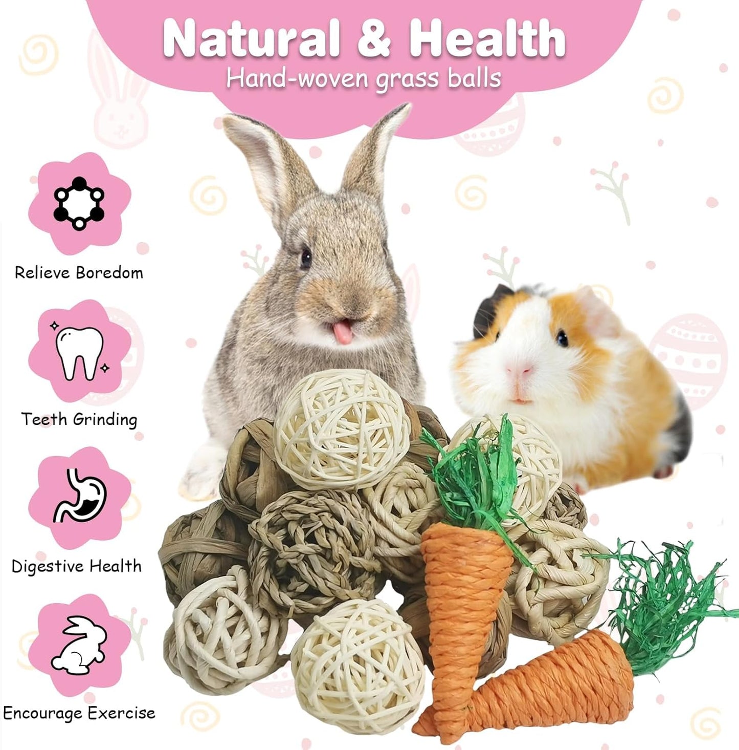 kathson 17 Pcs Natural Rabbit Chew Toys Guinea Pig Toys Small Animal Play Ball Bunny Activity Chinchilla Rolling Toy Gnawing Treats Grass Balls for Pet Rat Hamsters Gerbils Mice Cage Entertainment