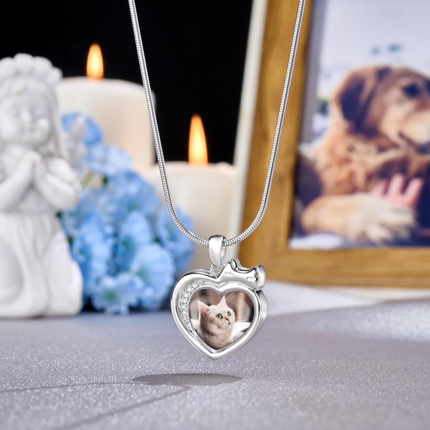 Fanery Sue Personalized Pet Ashes Necklace for Dog Cat Custom Photo&Text Pet Loss Sympathy Gift Cremation Jewelry