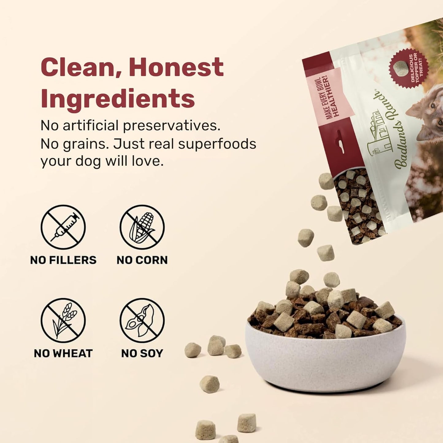 BADLANDS RANCH Superfood Nuggets- Premium, Freeze-Dried raw Dog Food Topper or Treat. Powerful Nutrient-Dense Ingredients. No Artificial additives. Bison and Kale Formula 8oz - 4pk Bundle