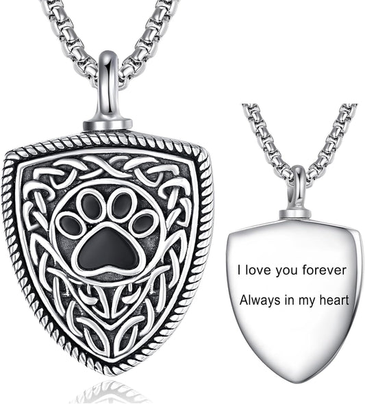 Pet Cremation Urn Necklace for Dog Cat Ashes 925 Sterling Silver Paw Print Keepsake Pendant Celtic Knot Memorial Jewelry for Women Men