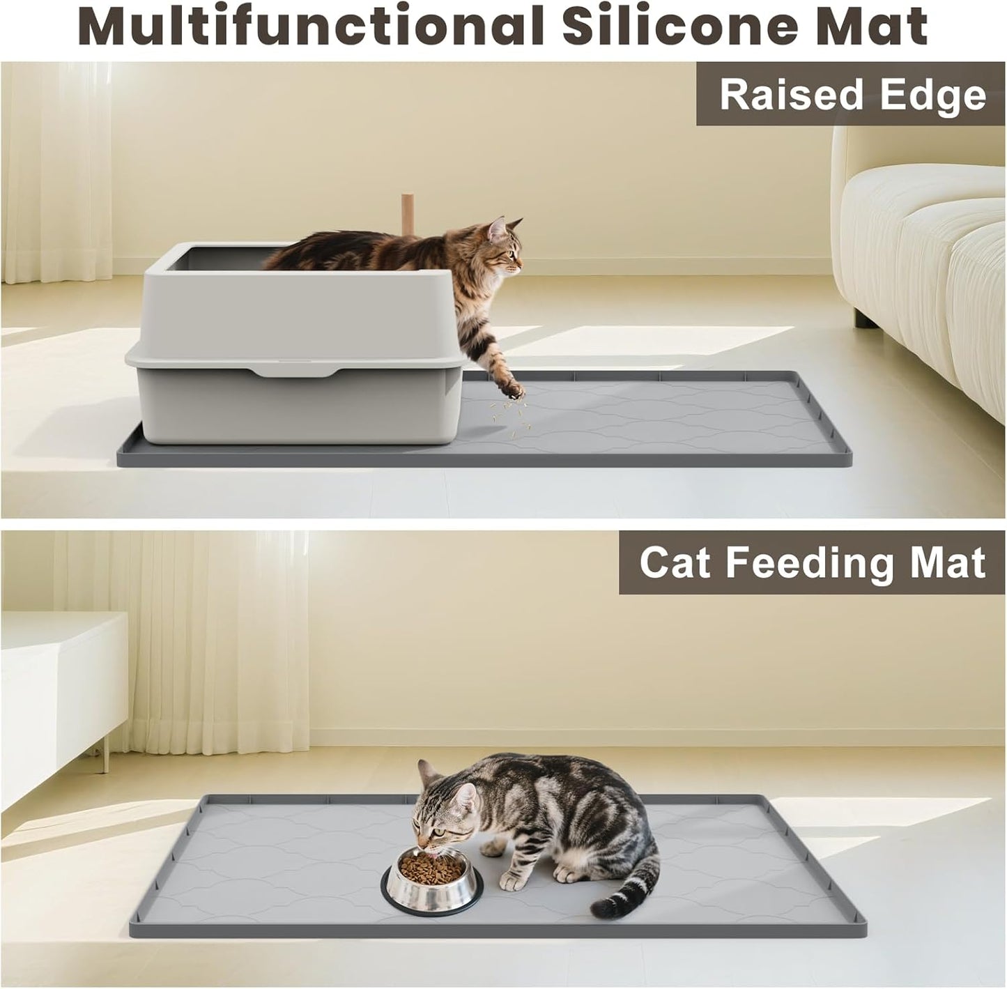 Cat Mat for Litter Box, 34" X 22" Large Silicone Cat Litter Trapping Mat, Easy Clean for Scatter Control, Soft on Kitty Paws, Waterproof, Urine-Proof, Non-Slip Kitty Litter Mat for Floor, Gray