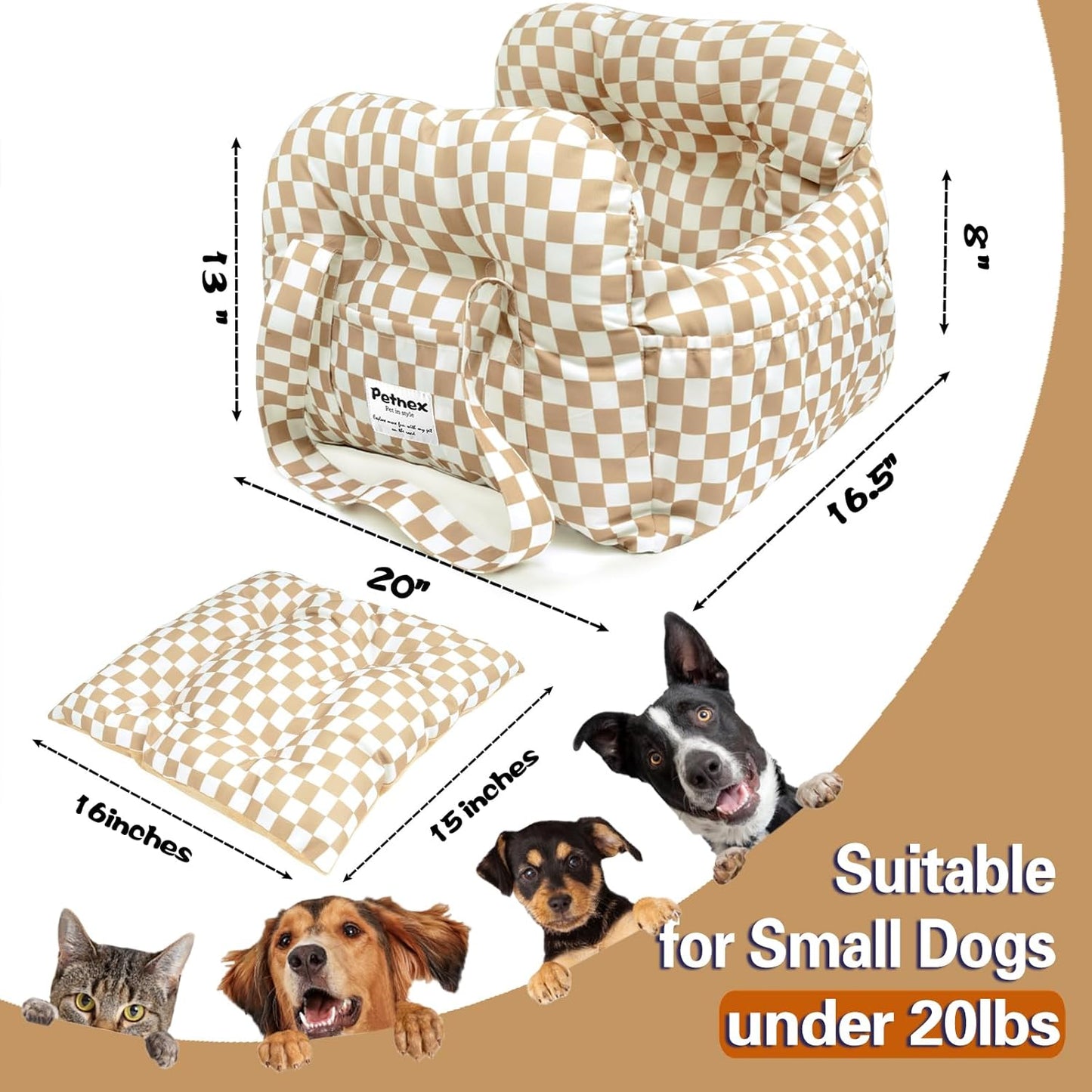 Dog Car Seat for Small Dogs, Portable Puppy Car Seat of Easy Installation, Fashionable Pet Carrier Bag with Large Pockets, Machine Washable Dog Booster Seat (Checkered Khaki)