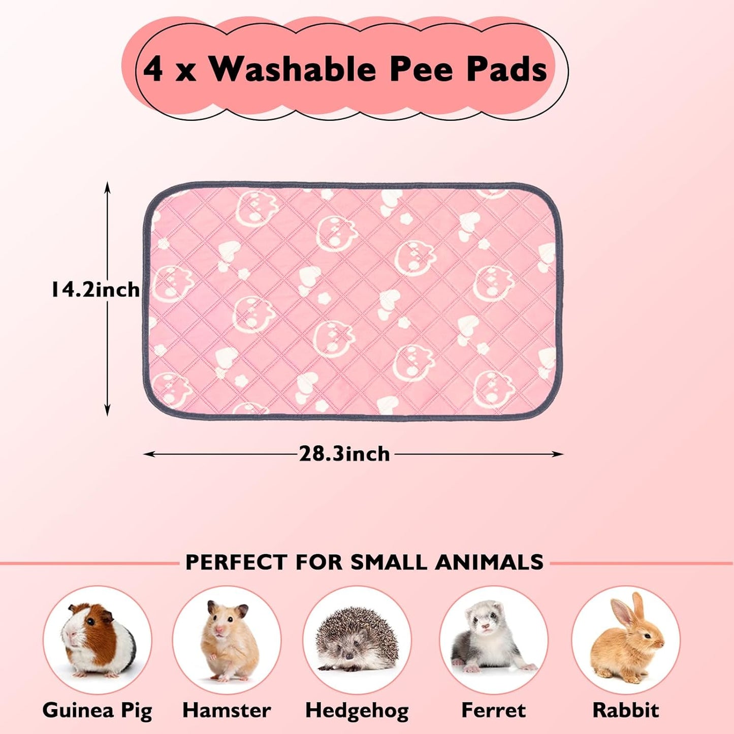 4 Pack Guinea Pig Bedding - Washable Guinea Pig Liners for C&C 2x1 Cage, Waterproof Reusable & Anti Slip Pee Pads Super Absorbent Mats for Small Animal Rabbit Hamster Rat (Pink, 28 x 14 Inch)