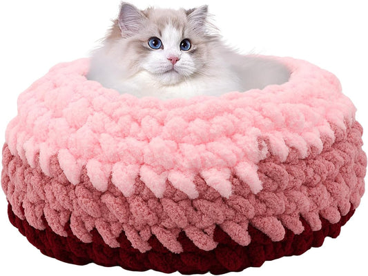 Ombre Gradient Round Cat Bed for Indoor Cats, Chunky Knit Washable & Plush Pet Bed, Cozy Nest with Non-Slip Bottom for Small Medium Cats