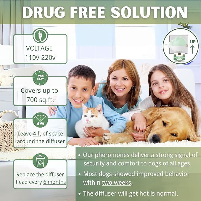 Dog Calming Diffuser Kit, Pet Pheromone Plug-in Set (2 Diffusers + 6 Refill 48ml) for Anxiety Relief, Reduces Barking, Aggression, Destructive Behavior, Fireworks Fear, 180 Days (Safe Formula)