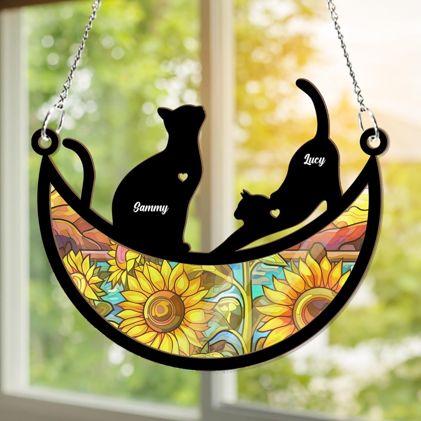 Personalized Couple Cat Suncatcher - Couple Pet On Moon Window Hanging, Loss of Pet Sympathy Gift, Furry Friends Keepsake, Engraved Cat Lovers, Remembrance Gifts