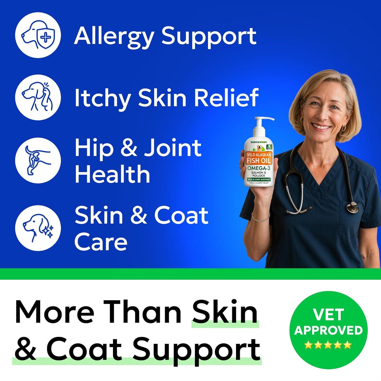 Bark&Spark Fish Oil for Dogs - Natural Omega-3 - Skin & Coat Support - Liquid Food Supplement for Pets - Natural EPA + DHA Fatty Acids for Joint Function, Immune & Heart Health 8oz - Salmon