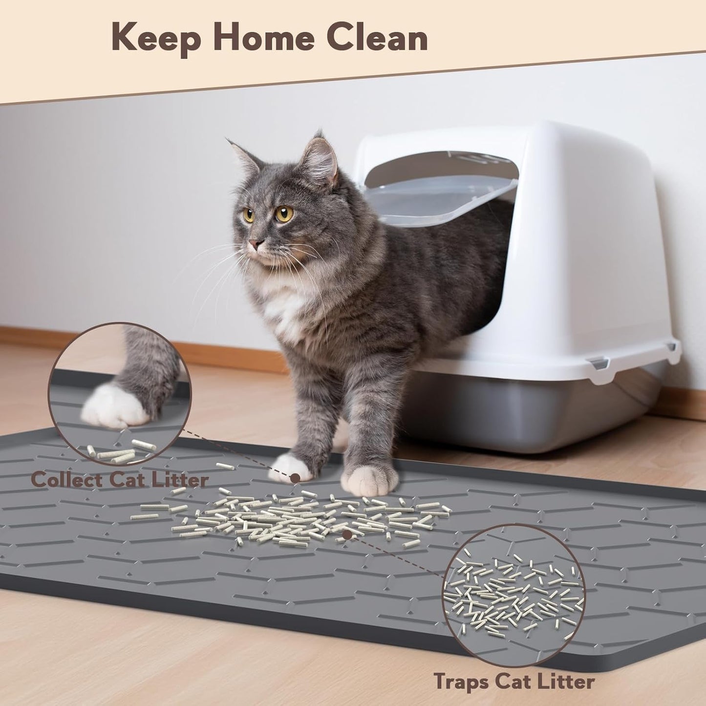 Cat Litter Box Mat, Large 34" X 22" Cat Litter Mat, Waterproof Silicone Pad for Floor, Dark Gray