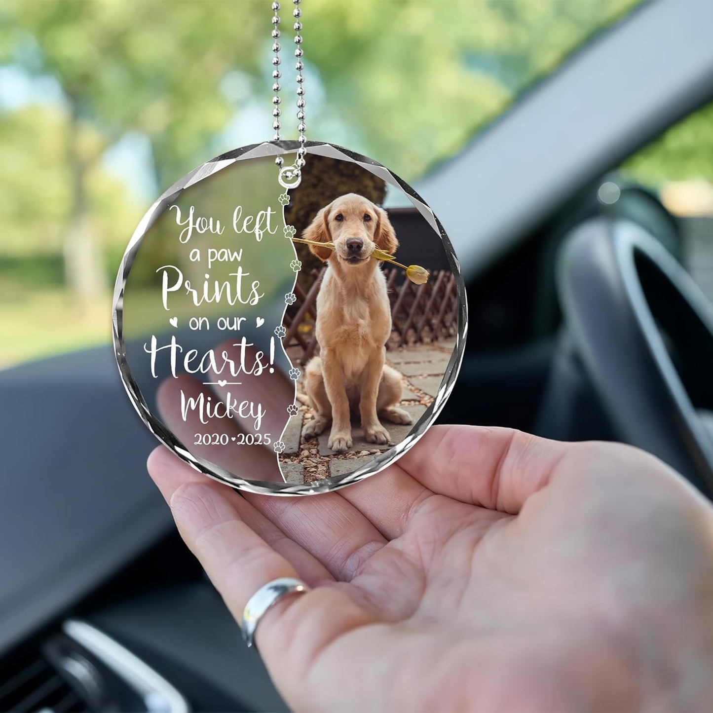 Personalized Memorial Pet Glass Car Ornament - Custom Photo, Name & Dates - Forever in Our Hearts Tribute Gift for Your Dogs- Gift for Dog Lovers (Memorial Pet Car Ornament)