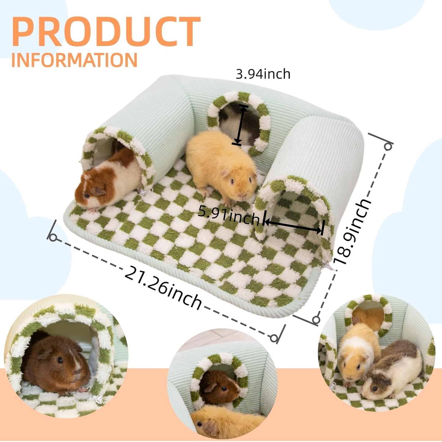 Guinea Pig Hideout Tunnel with Warm Bed for Small Pet 3 Cave Small Animal Tunnel Toy Cages Green