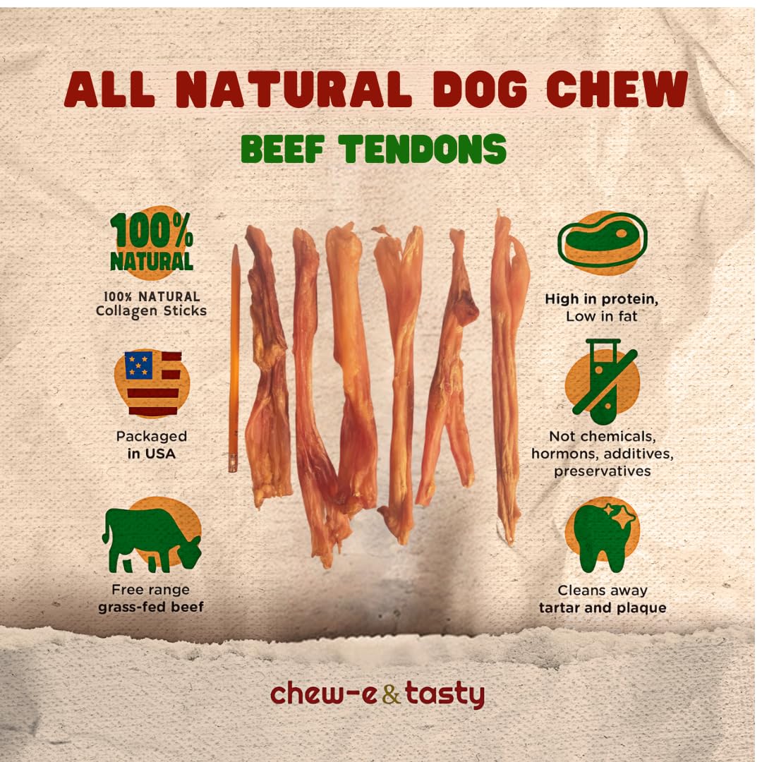 chew-e&tasty Beef Tendon Chews for Dogs (7-10 Inch, 6 Pack), All Natural Rawhide Free Dog Chews, Long Lasting w/Chondroitin & Glucosamine, Dental Health for Small, Medium, Large Dogs