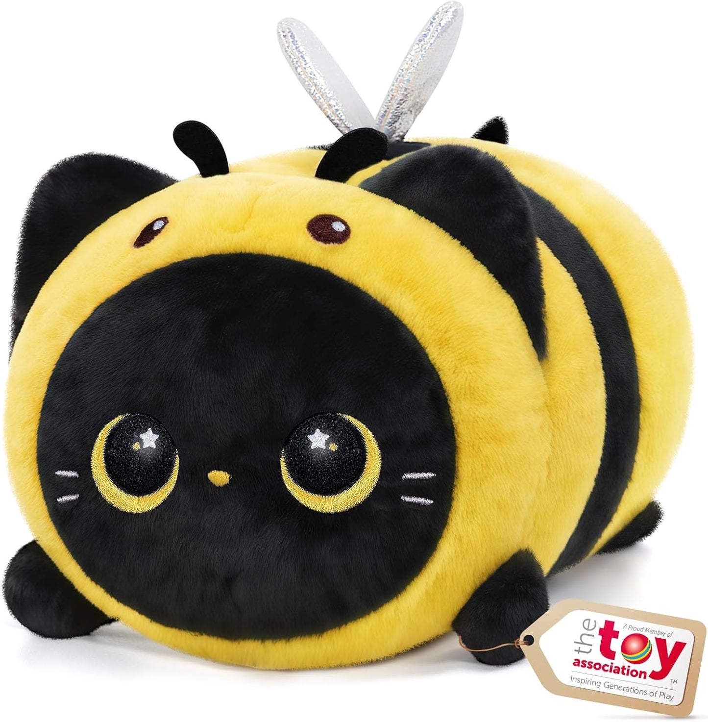 Cute Black Cat Bee Plush Pillow, Kawaii Plushies Bee Stuffed Animal Toy, Kitten Plushies with Honeybee Outfit Costume, Soft Squishy Birthday Gifts for Kids & Girls (16 Inch)