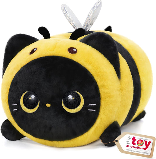 Cute Black Cat Bee Plush Pillow, Kawaii Plushies Bee Stuffed Animal Toy, Kitten Plushies with Honeybee Outfit Costume, Soft Squishy Birthday Gifts for Kids & Girls (16 Inch)
