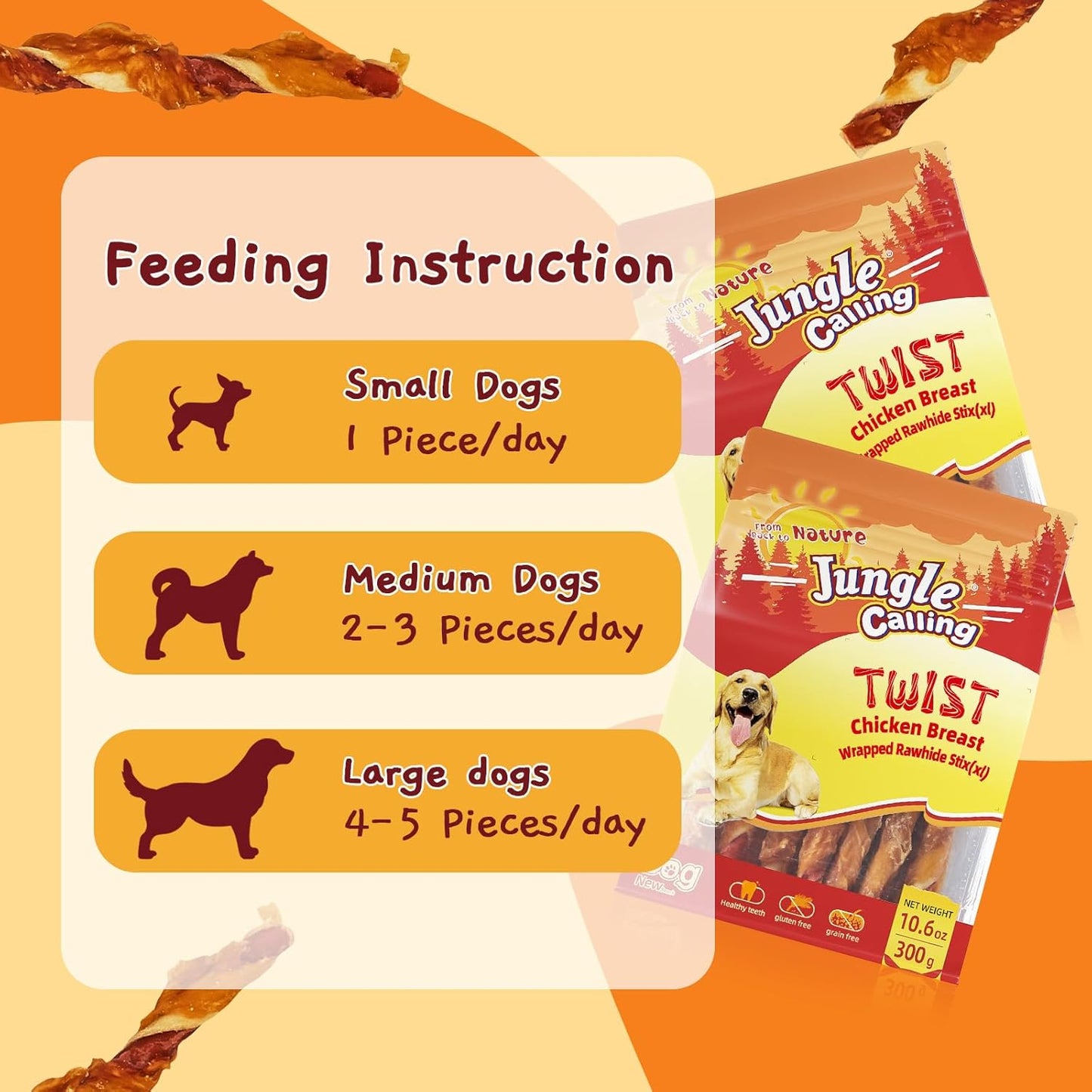 Jungle Calling Dog Treats, Natural Chicken Wrapped Rawhide Sticks, Grain-Free Training Rewards Chews for Small and Medium Puppy,10.6oz