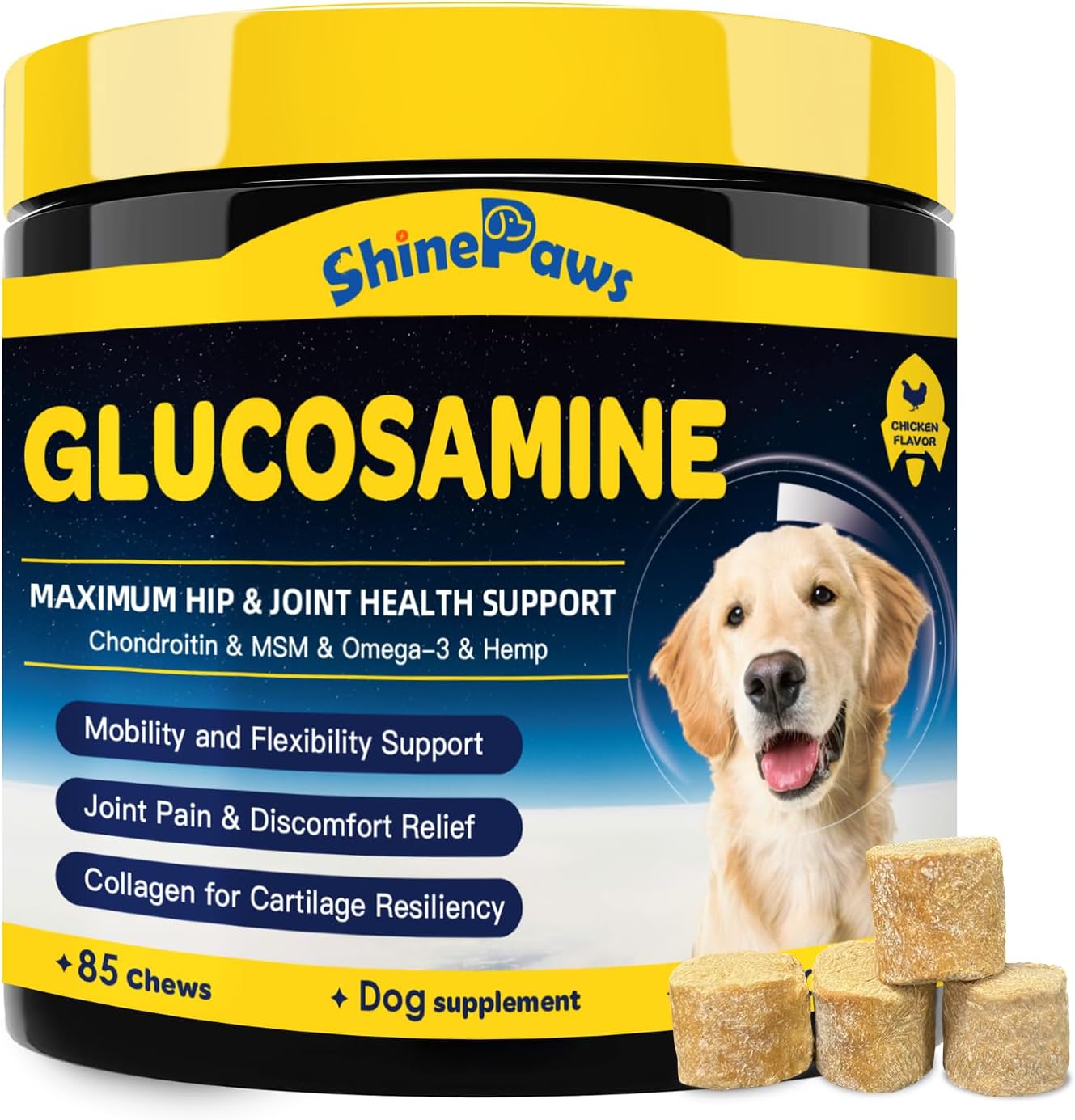 Glucosamine for Dogs - Joint Supplement for Dogs - Chondroitin, MSM, Omega-3, Hemp, Dog Joint Pain Relief, Support Mobility, Discomfort, Hip and Joint Supplement Dogs for All Breed, 85 Crunchy Bites