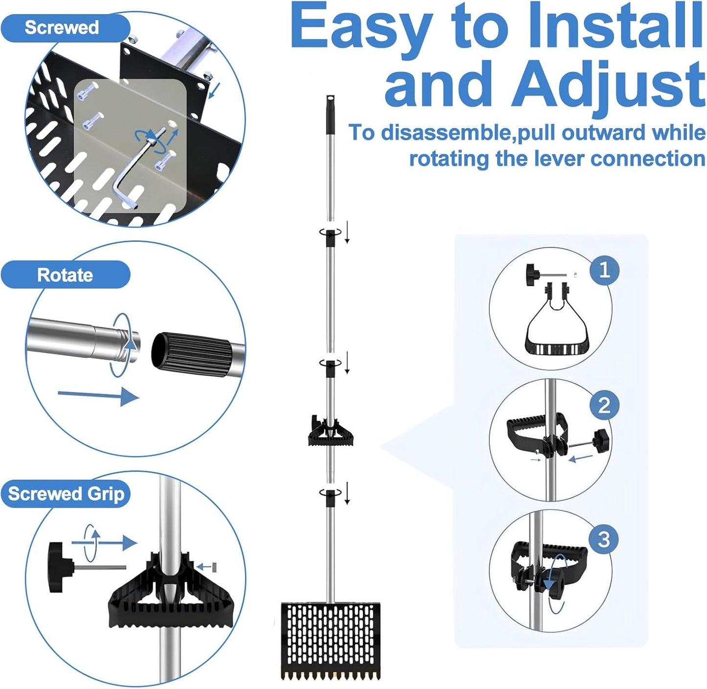 DEMARRE Chicken Poop Scooper for Sand,2-in-1 Poop Scooper for Chicken Coop with 35" to 65" Stainless Steel Handle, Heavy Duty Chicken Coop Rake, Litter Scooper Sifting Shovel for Chicken Coop & Pet