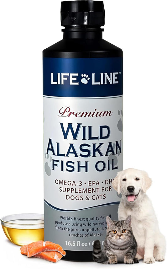 Life Line Pet Nutrition Wild Alaskan Fish Oil Omega-3 Supplement for Skin & Coat – Supports Brain, Eye & Heart Health in Dogs & Cats, 16.5oz