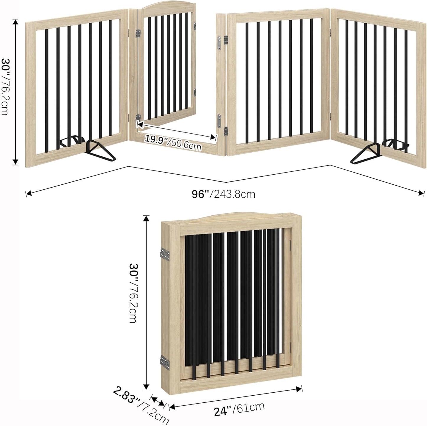 Vantas Folding Pet Gate 96" Wide, 30" Tall No-Assembly Wooden Dog Gate with Door Walk Through, Freestanding Pet Gate, Puppy Safety Fence, with 2PCS Support - Natural White