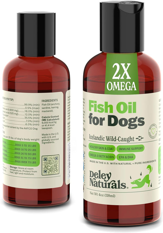 Deley Naturals Dog Fish Oil Icelandic 2X Omega - Dog Itching Skin Relief with Omega 3 6 9 for Allergies, Coat & Heart - Omega 3 Fish Oil for Dogs Skin Irritation - 4oz Omega Oil for Dogs Made in USA