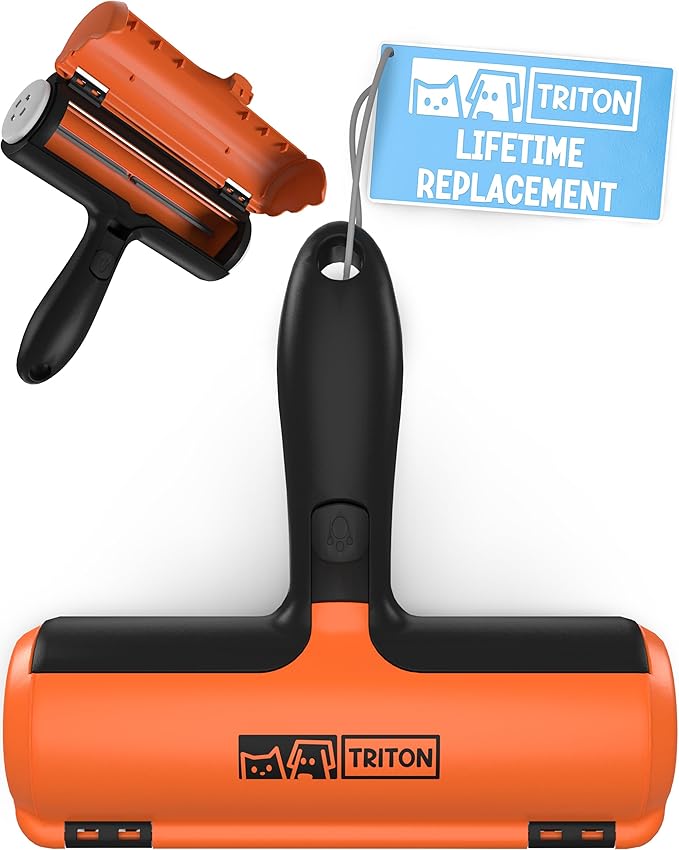 Triton Pet Hair Removal Tool w/Fur Trapping Compartment and Detachable Handle, 60% Smaller Storage Size, Reusable Shedding Roller, Cat and Dog Hair Remover for Car, Furniture, Carpet, Couch (Orange)