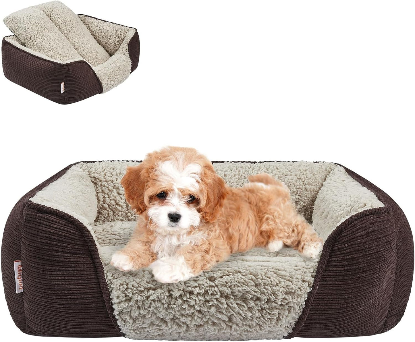 Miguel Washable Dog Bed with Removable Cushion for Small Dogs, Easy to Wash Pet Sofa Bed with Side, Rectangle Bolster Cat Bed Calming Cuddle Puppy Bed with Anti-Slip Bottom, Dark Brown 18 Inch