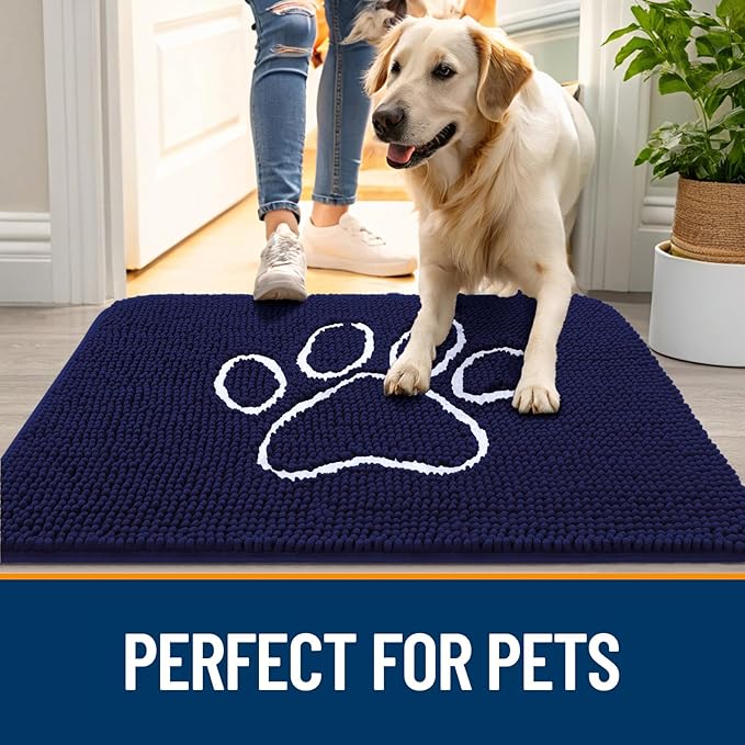 OLANLY Door Mat for Muddy Dog Paws 36x24, Ultra Absorbent Chenille Mud Doormat with Paw Print Design, Non-Slip Washable Doormat for Indoor Entryway, Quick-Dry Pet Bed Mats for Dirty Dogs, Navy Blue