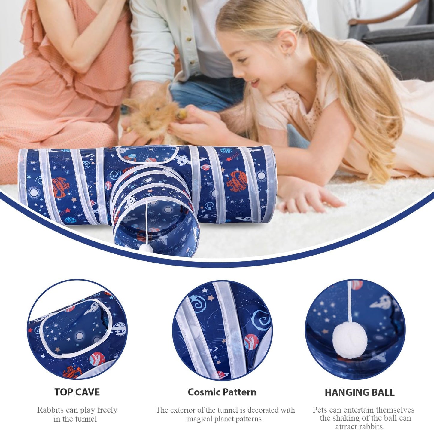 HERCOCCI Rabbit Toys, Collapsible Bunny Tunnels & Tubes 3 Way Rabbit Hideout Tunnel with Chew Toy for Bunny Guinea Pig Ferret Kitten