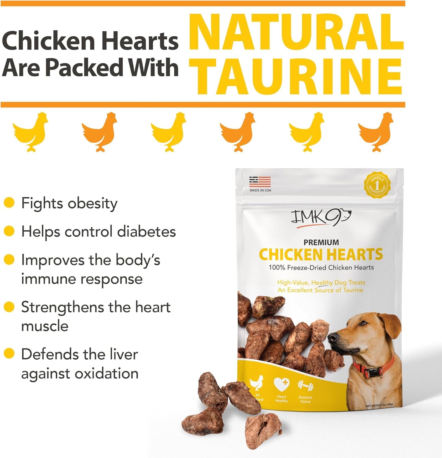Chicken Hearts for Dogs - Freeze Dried Chicken Dog Treats - Natural Taurine, Better than Duck, Turkey - Single Ingredient, Dehydrated Chicken, Grain Free for Pets, Puppy, Cats Training - Made in USA
