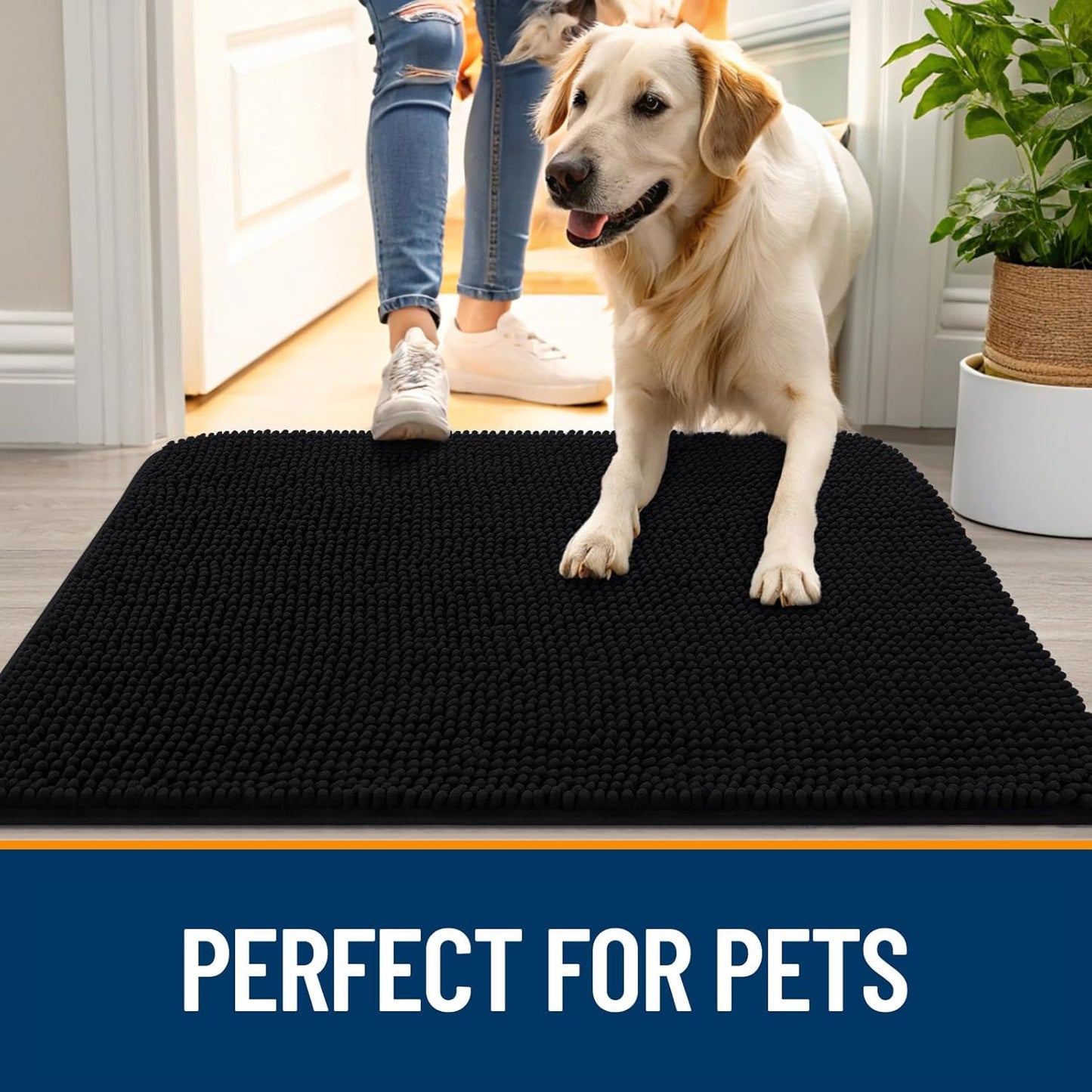 OLANLY Dog Door Mat for Muddy Paws 24x16, Absorbs Moisture and Dirt, Absorbent Non-Slip Washable Doormat, Quick Dry Chenille Mud Mat for Dogs, Entry Indoor Entryway Carpet for Inside Floor, Black