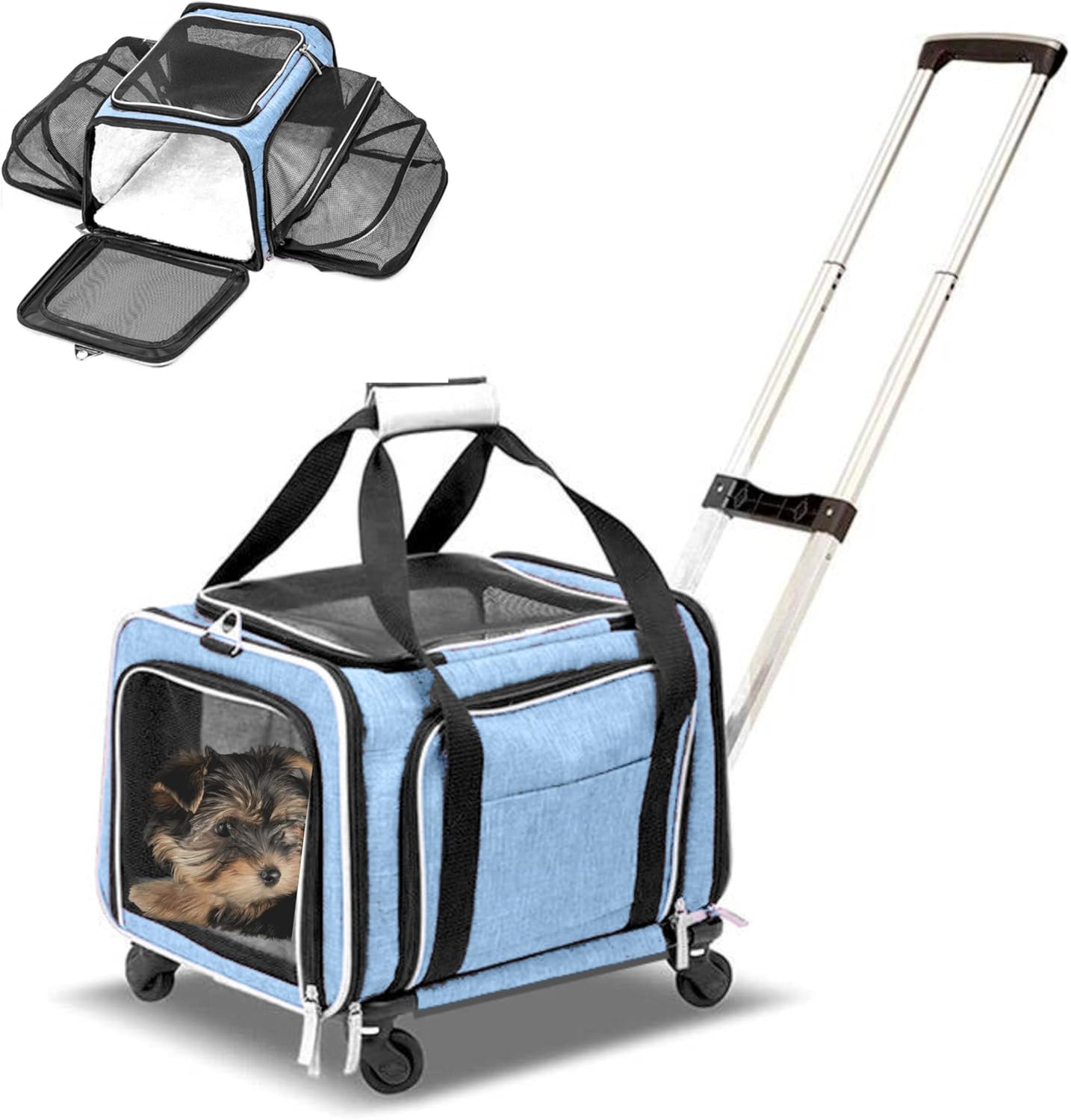 Airline Approved Expandable Premium Pet Carrier on Wheels- Two Sided Expandable Rolling Carrier- Designed for Dogs & Cats- Extra Spacious Soft Lined Carrier! - Light Blue