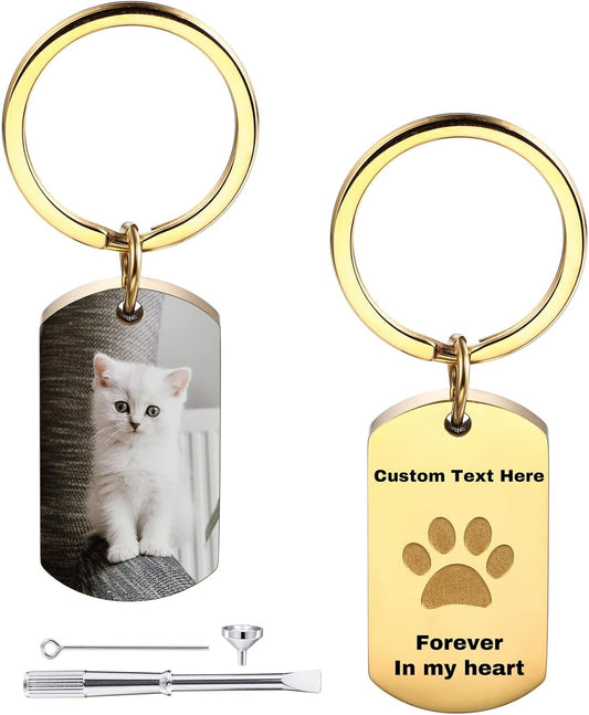 Personalized Cremation Urn Keychain for Pet Human Ashes Custom Photo/Name/Date Dog Cat Paw Print Pendant Stainless Steel Keyring Memorial Keepsake Keychain for Women Men (Style A3)