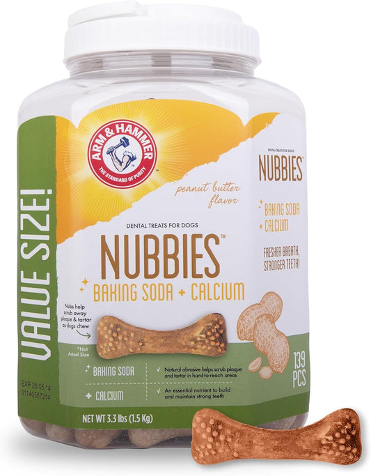 Arm & Hammer for Pets Nubbies Dental Treats for Dogs with Baking Soda and Calcium, Treat Chews Help Fight Bad Breath, Plaque & Tartar, Peanut Butter, Value Bucket, 139 Pcs (Packaging may vary)